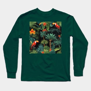 Tropical Rainforest with Banana Trees Palm Trees and Toucans Long Sleeve T-Shirt
